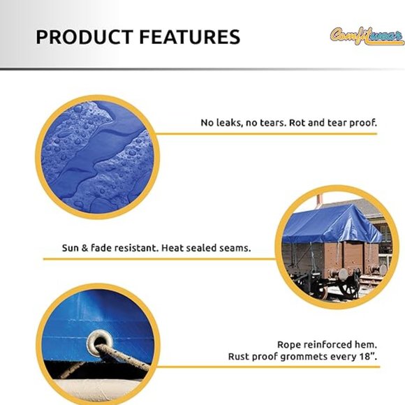 Comfitwear MT-812 8' x 12' Poly Tarp Cover, Waterproof Shelter Camping RV Boat - Picture 5 of 7